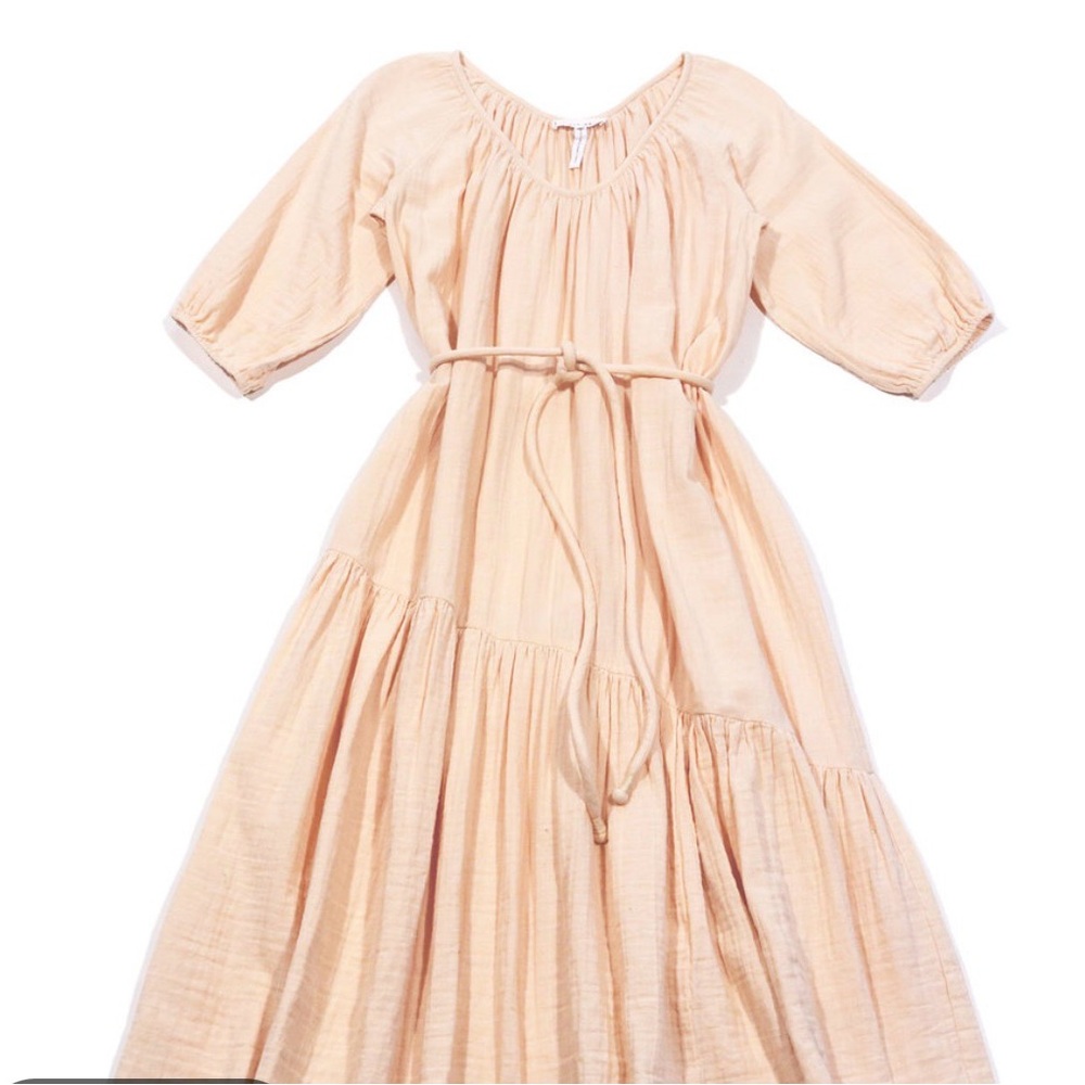 Apiece Apart Blush Pink Tiered Midi Dress with Smocked Sleeves